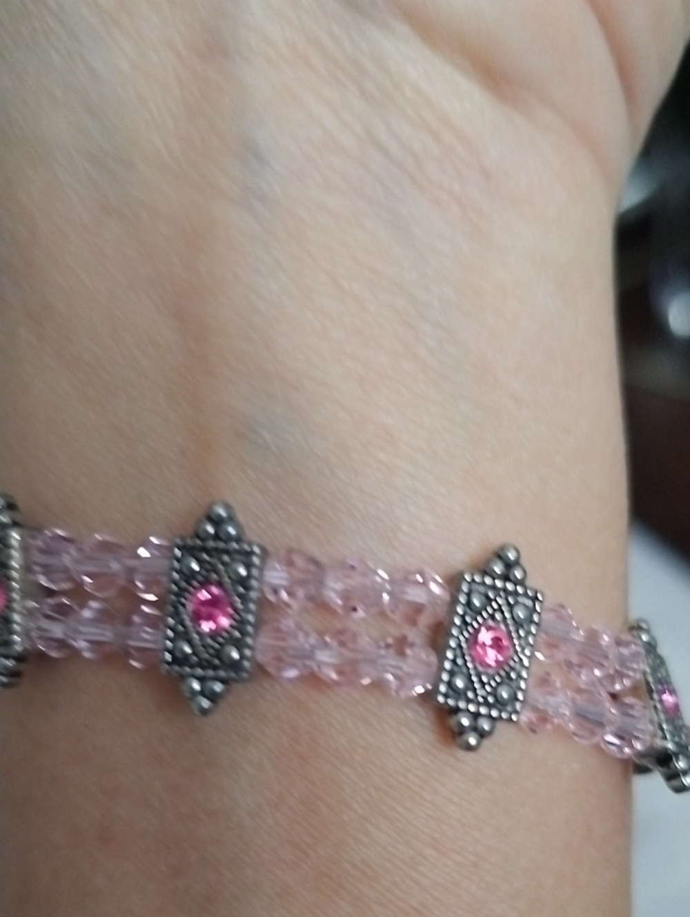 Pink Crystal Beaded Bracelet with Silver Accents